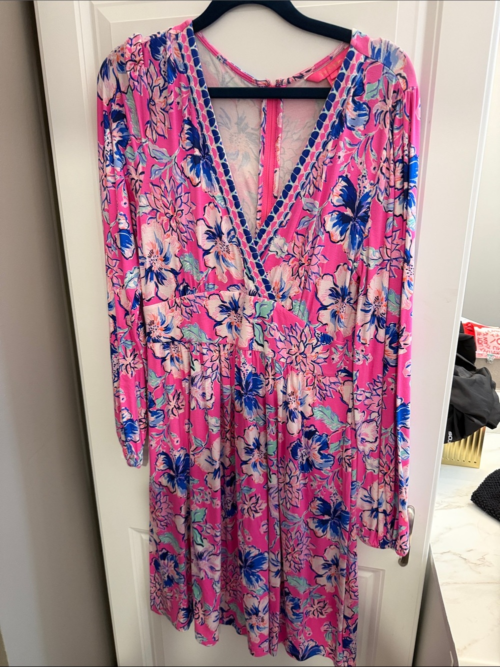Lilly Pulitzer Pink Floral V-Neck Long Sleeve Dress